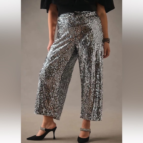 NWT Anthropologie Maeve The Colette Cropped Wide-Leg Sequin Pants - Picture 4 of 14